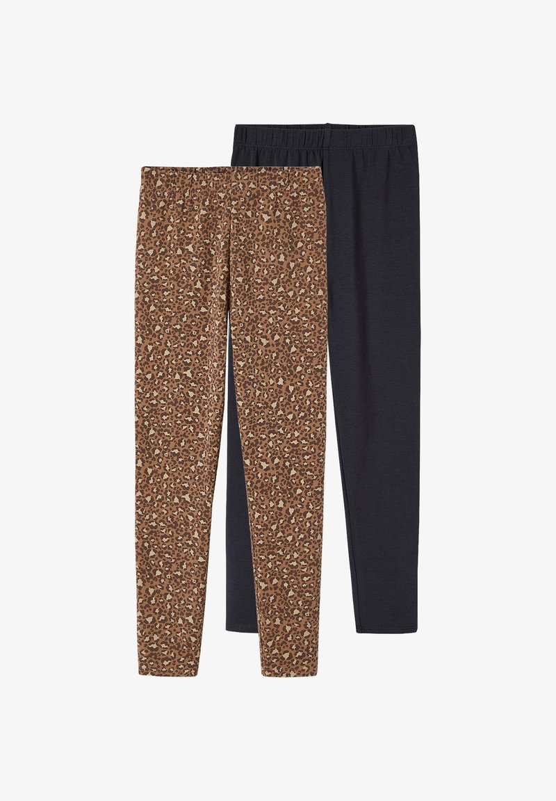 Zwei Paar Leggings: eine mit einem braunen Leopardenmuster und die andere in dunkelgrau uni, beide mit elastischen Taillenbünden.