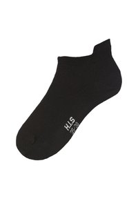 Schwarze Knöchelsocke aus weichem Stoff, mit geripptem Bund, verstärkter Zehenpartie und Größenangaben in Weiß an der Seite.