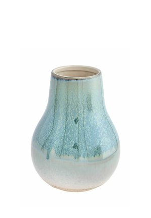 Keramische Vase mit abgerundetem Boden und schmaler offener Oberseite, mit blau-grüner Glasur und einem strukturierten, tropfenden Muster.