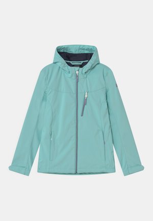 Licht turkooizen jack met een capuchon, een ritssluiting aan de voorkant, zijzakken en contrasterende paarse ritsdetails. Glad, matte afwerking van de stof.