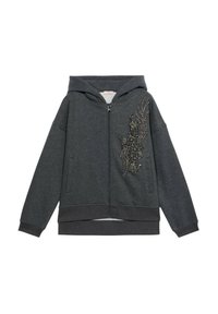 Felpa grigia con zip e cappuccio, caratterizzata da decorazioni testurizzate sul lato sinistro e orlo e polsini a coste.