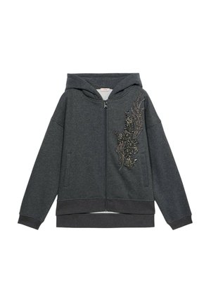Grijze zip-up hoodie met een capuchon, voorzien van textuurdecoraties aan de linkerkant en een geribde onderrand en manchetten.