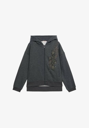 Grauer Zip-Hoodie mit Kapuze, ausgestattet mit strukturierten dekorativen Verzierungen auf der linken Seite sowie geripptem Saum und Bündchen.
