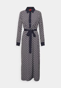 Mörkblå klänning med långa ärmar, kragkrage, knappstängning och mönstrad design; inkluderar ett matchande tygbälte i midjan.