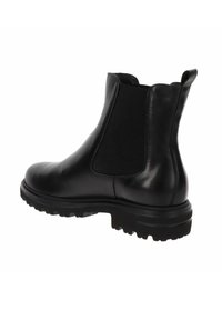 Stivale ankle in pelle nera con texture liscia, pannelli laterali elasticizzati e suola in gomma robusta. Caratterizzato da una linguetta per una facile calzata.