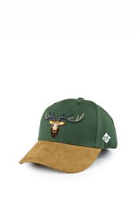 Grüne Kappe mit einem braunen Wildledervisier, das auf der Vorderseite mit einem gestickten Hirschkopf-Design und einem kleinen Logo an der Seite versehen ist.