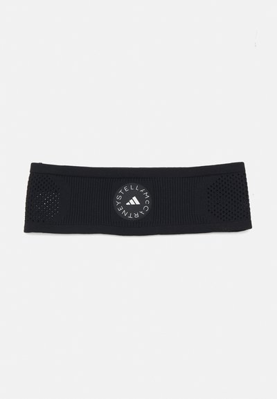 Fascia nera per atleti in tessuto testurizzato, con un logo circolare e inserti in rete sui lati per la ventilazione.