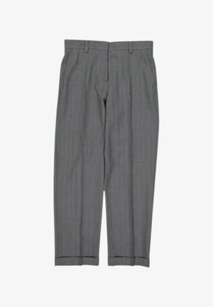 Pantalon formel gris avec passants de ceinture, poches avant et coupe droite ajustée.