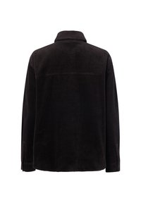 Schwarze Cord-Jacke mit Kragen, langen Ärmeln und strukturierten Oberfläche. Mit Rückenpasse und geradem Saum für eine entspannte Passform.