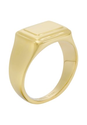 Gouden zegelring met een glad, rechthoekig vlak en een gepolijste afwerking, gemaakt van roestvrij staal.