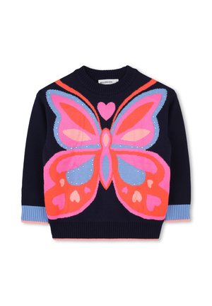 Pull marin avec un grand motif de papillon coloré dans des tons de rose et de bleu, avec des poignets côtelés et de petites ornements.