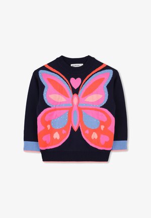 Sweater azul-marinho com um grande design de borboleta colorida em tons de rosa e azul, com punhos canelados e pequenos adornos.
