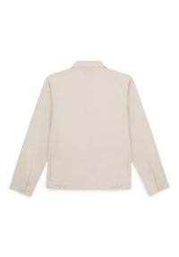 Beige cotton jacket with long sleeves, collar, and buttoned cuffs. Features a smooth texture and four button accents at the hem.