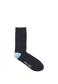 Zwarte katoenen sok met een lichtblauwe teensectie en de tekst "JACK & JONES" in het blauw nabij de enkel. Gladde textuur, standaardlengte.