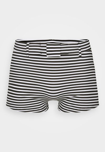 Black and white striped swim shorts with a textured fabric, featuring a fitted design and a belt loop at the waist.