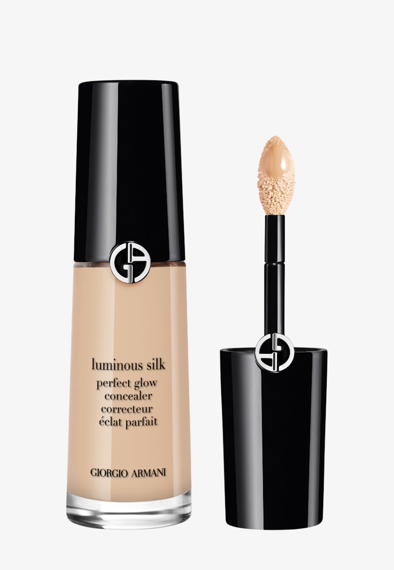 Giorgio Armani Luminous Silk Perfect Glow concealer bottle with black cap and applicator wand showing beige liquid product.