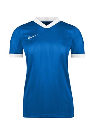 Maillot de sport bleu à manches courtes avec col en V blanc et bordures de manches blanches, avec un logo Nike Swoosh blanc sur le côté droit de la poitrine.