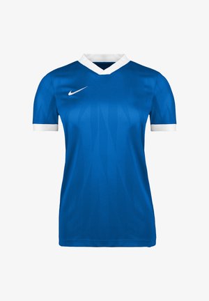 Blaues Sporttrikot mit kurzen Ärmeln, weißem V-Ausschnitt und Ärmelbündchen, mit weißem Nike-Swoosh-Logo auf der rechten Brust.