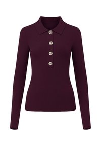 Haut bordeaux à manches longues côtelées avec col et cinq boutons décoratifs sur le devant. Texture lisse avec une silhouette ajustée.