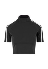 Svart kort topp med hög krage, korta ärmar och vita sidostråk. Tillverkad i ett mjukt, stretchigt tyg med en figurnära design.