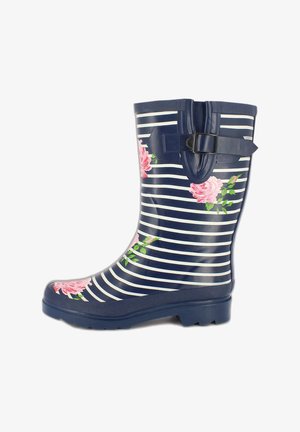 Marine rubberen regenlaars met witte horizontale strepen, bloemontwerp met roze rozen en een decoratieve gesp aan de zijkant.
