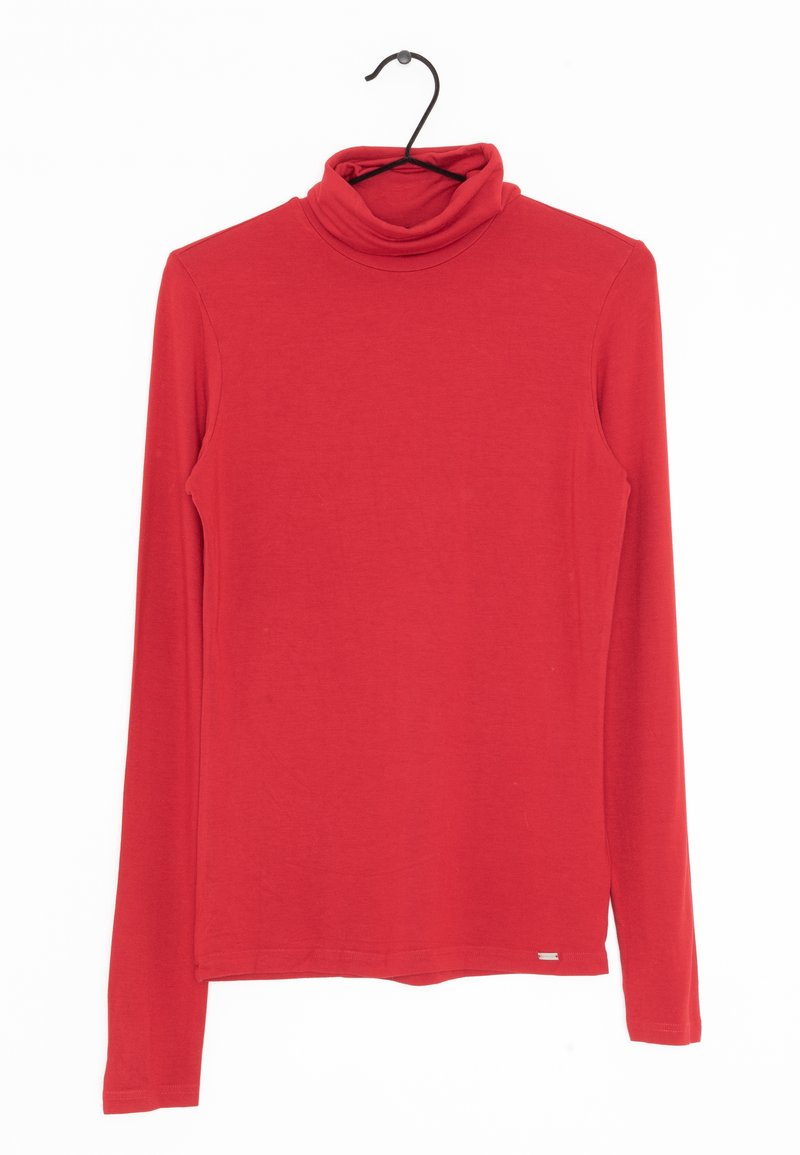 Punainen pitkähihaine turtleneck-paita, joka on valmistettu pehmeästä ja sileästä kankaasta. Ominaisuuksiin kuuluu istuva muotoilu ja taitettu kaulus, jossa on merkki helmassa.