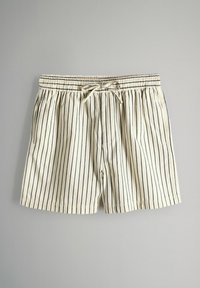 Stribede shorts i creme med marineblå lodrette linjer, elastisk talje og justerbar snor. Har sidelommer og letvægtsstof.
