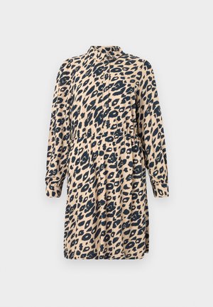 Bež jahti leopardimustriga kleit, millel on krae, nööpide kinnitamine, pikad varrukad ja elastne vöökoht vormimise jaoks.