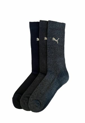 Set aus drei Paar Socken in Dunkelblau, Schwarz und Anthrazit. Gerippte Textur mit einem kleinen weißen Logo an der Seite.