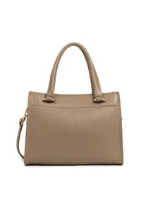 Borsa a tracolla in pelle texturizzata color tan con due manici, accessori in oro e una tracolla rimovibile su uno sfondo bianco.
