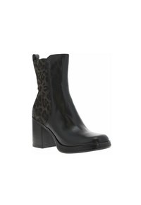 Bottines en cuir noir avec un talon carré et des panneaux en tissu à motif léopard sur les côtés. Fini lisse avec un bout arrondi.