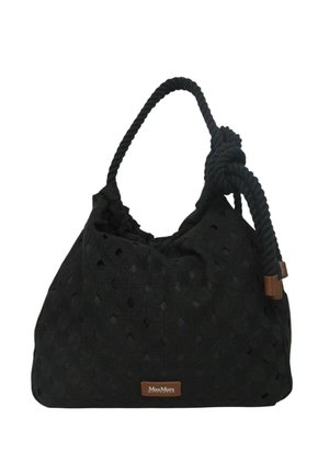 Borsa a mano in tessuto nero strutturato con manico a corda attorcigliata e piccolo logo Max Mara marrone sul davanti.