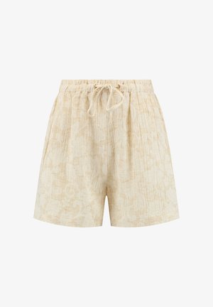 Pantalones cortos de un beige claro con un patrón floral, cintura elástica, cordón ajustable y una tela texturizada para mayor comodidad y estilo.