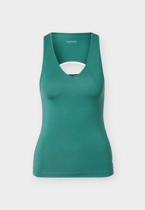 Teal sleeveless athletic top with V-neck and white strap detail across the chest, fitted silhouette, by Björn Borg.