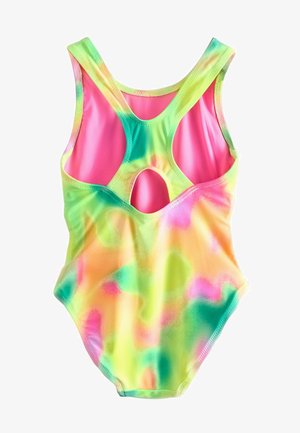 Kopā šūti peldkostīms ar saistīto krāsu rakstu spilgtā rozā, zaļā un dzeltenā krāsā. Ar sacensību aizmuguri un izgriezumu detaļu mugurpusē.