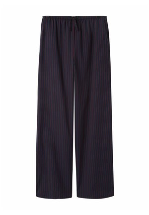 Marineblaue locker sitzende Hose mit dünnen vertikalen roten Streifen und einem elastischen Bund mit Kordelzugverschluss.