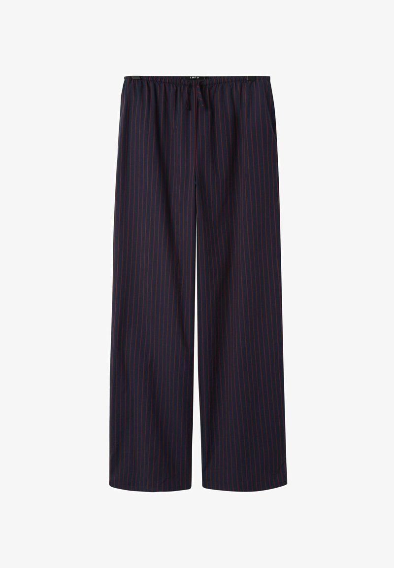 Pantalon ample bleu marine avec fines rayures verticales rouges et taille élastique avec cordon de serrage.