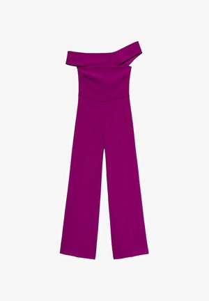 Purple off-the-shoulder jumpsuit with a fitted bodice and wide-leg pants. Smooth fabric with a sleek design and no visible patterns or hardware.