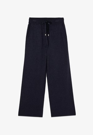 Marineblauwe wijde broek met trekkoord in de taille en zijzakken, gemaakt van zachte stof.