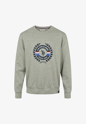 Gray sweatshirt with long sleeves, round neck, features a central logo with laurel wreath, and contrasting stripes in red and blue.