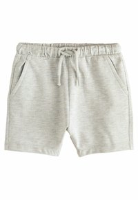 Pantaloni scurți gri deschis, realizați dintr-un material moale, cu un brâu elastic, șnur ajustabil și două buzunare laterale.