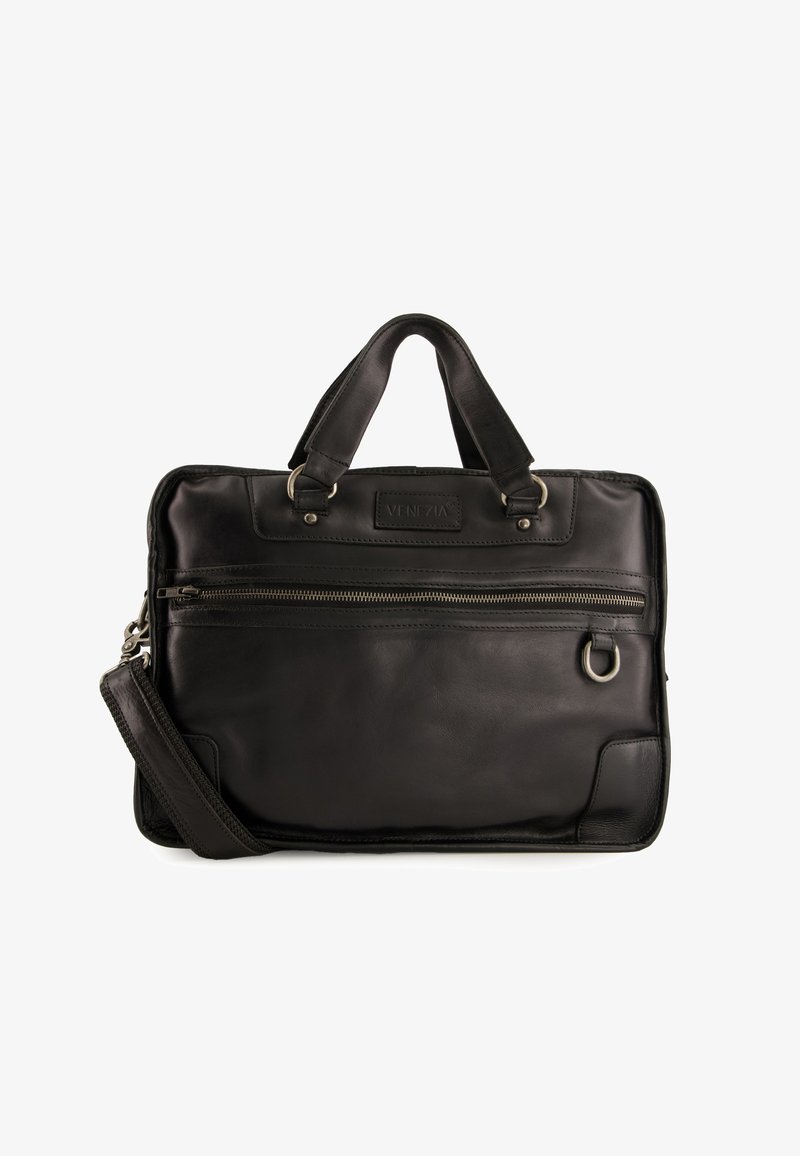 Sac à ordinateur en cuir noir avec deux poignées supérieures, une bandoulière amovible, une poche zippée à l'avant et un extérieur lisse et texturé.