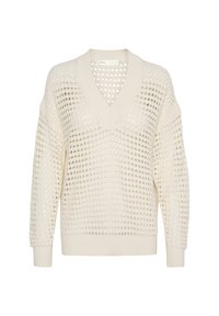 Cremefarbener Strickpullover mit V-Ausschnitt, geometrischem Lochmuster und gerippten Bündchen und Saum. Weicher Stoff und lässige Passform.