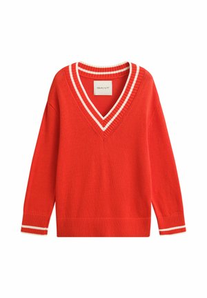 Rode V-hals trui met witte gestreepte biezen op de kraag en manchetten, lange mouwen en een geribde zoom, met het label GANT aan de binnenkant van de hals.