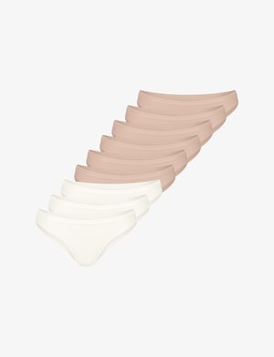 Dziesięć par damskiej bielizny w różnych odcieniach beżu i bieli. Miękka tkanina, gładka tekstura, bezszwowy design i niski stan.