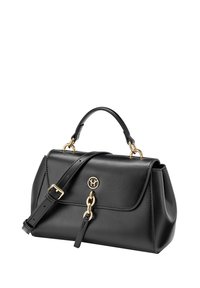 Mustavihreä nahkakassi, jossa on jämäkkä muotoilu, kultaiset yksityiskohdat, yläkahva ja säädettävä olkahihna. Varustettu logoplaketilla ja läpän suljennalla.