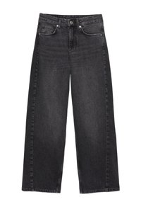 Jean en denim noir à taille haute et jambes larges avec une finition délavée. Présente une fermeture à bouton à l'avant et cinq poches, avec des détails de couture visibles.