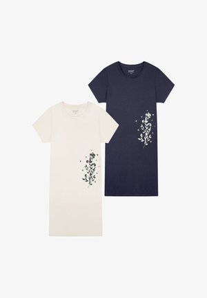 Zwei kurzärmelige Kleider, eines weiß und eines marineblau, jeweils mit einem vertikalen Blumendesign mit Schmetterlingen an der unteren Seite.