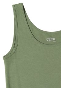 Débardeur vert à larges bretelles et encolure ronde, avec "CECIL ESSENTIALS" imprimé à l'intérieur du col.