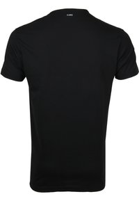 Zwart t-shirt met korte mouwen van katoen. Heeft een ronde hals en een klein "ALANRED" label aan de achterkant nabij de kraag. Soepele textuur.